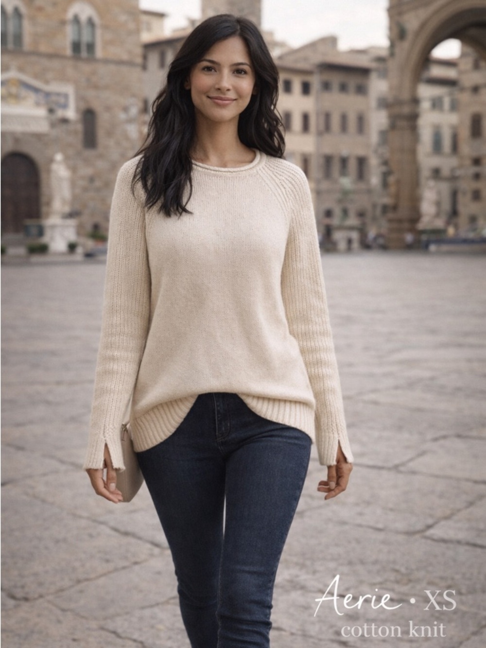 Aerie Cream Cotton Knit Sweater NWT XS Oversized Cozy Neutral Pullover